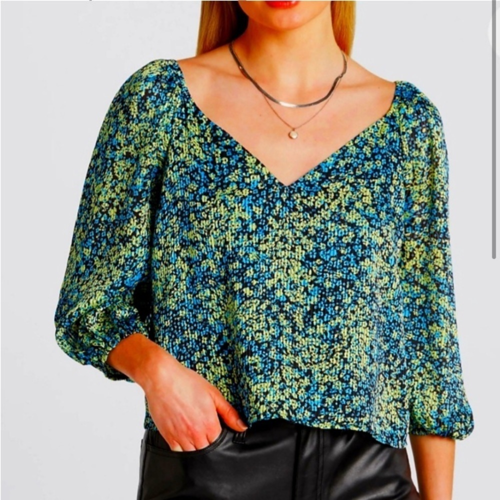 Steve Madden Stevie Floral Black Turquoise Blue Green Lined Blouse Size 2X